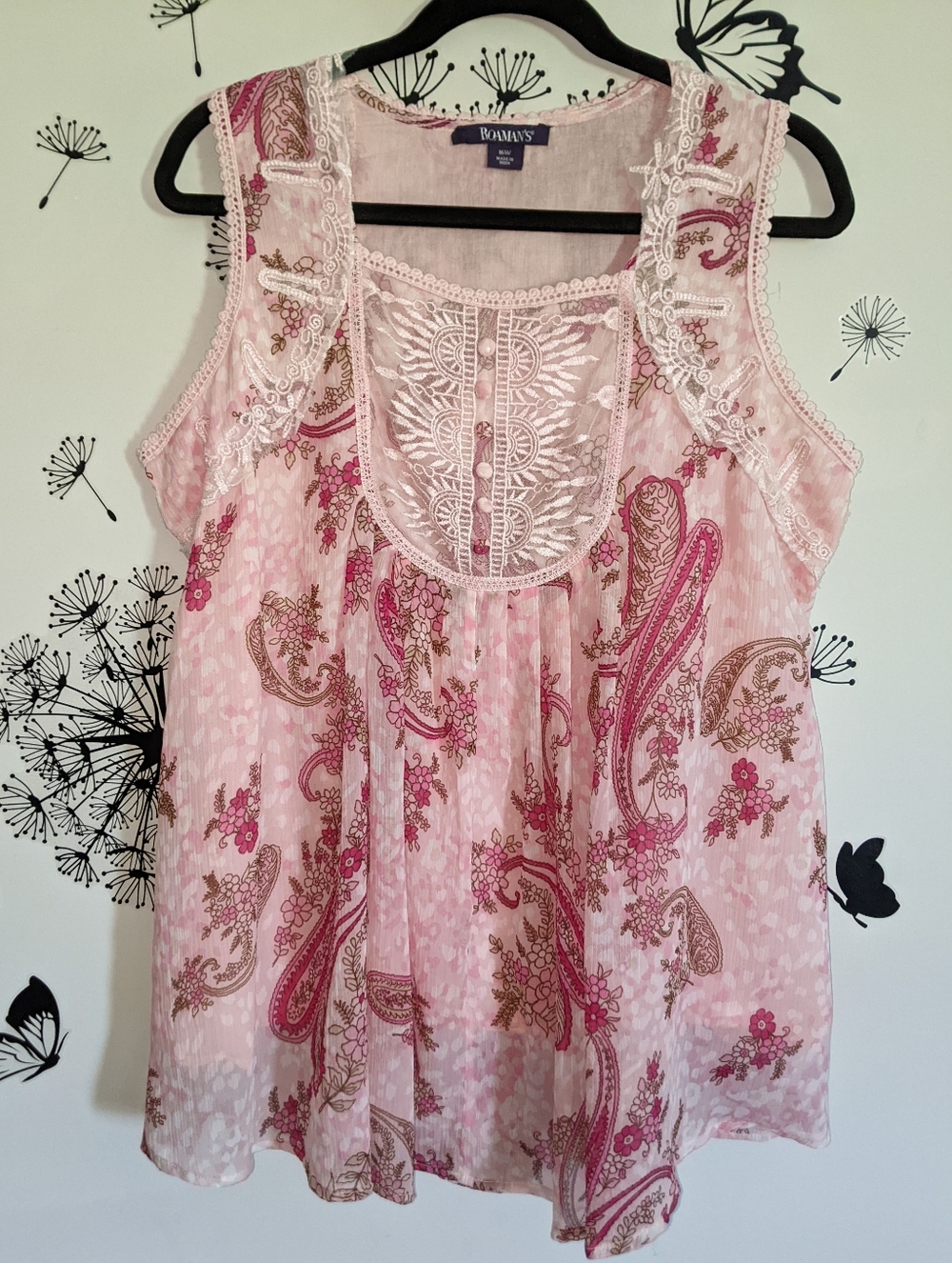 Roaman's Pink Paisley Lace-Trim Sleeveless Blouse